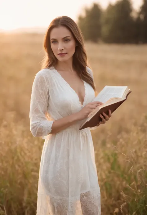 Portrait of a female country girl, 30 years old, dressing nicely in a farm field, early morning after sunrise, wearing a nice white transparent cover-up showing part of her bare small chest and her panties, nipples showing beneath the dress, she’s holding ...