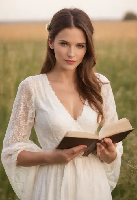 Portrait of a female country girl, 30 years old, dressing nicely in a farm field, early morning after sunrise, wearing a nice white transparent cover-up showing part of her bare small chest and her panties, nipples showing beneath the dress, she’s holding ...