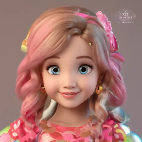 Menina de 4 anos,morena,com lacinhos rosa,super bonito IP menina por pop mart, olhos brilhantes, querubim,Vestidinho, argila, Modelos, um brinquedo de caixa cega, Brilhante e delicado,fundo limpo, Bom brilho, 3D rendering of,best quality