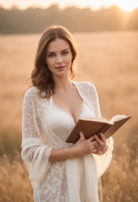 Portrait of a female country girl, 30 years old, dressing nicely in a farm field, early morning after sunrise, wearing only a nice white transparent scarf showing part of her bare small chest and her panties,  showing beneath the dress, she’s holding a boo...