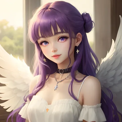 Anime cute Girl, long purple Hair, diamond crystal eyes, purple eyes, carmen collar, long flowing white dress, purple angel wings, full lips, friendly soft smile, sweet an innocent, straight bangs, loose, updo with loose strands