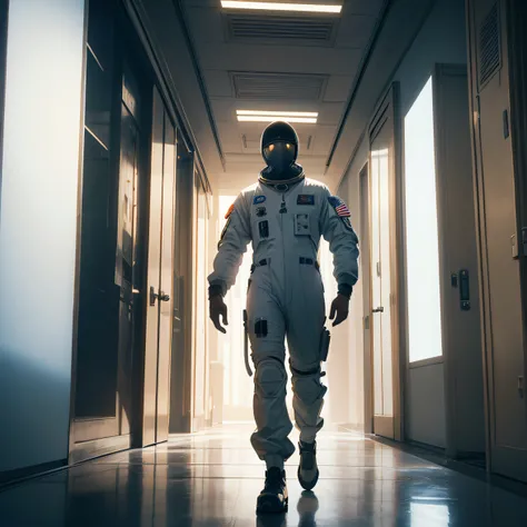 Young male astronaut walking in a corridor of a skyscraper. description: The corridor is spacious, Add tall, large windows in the corridor in a panoramic view of the scene, Tall windows offer an impressive view of a sunny metropolis. Add a blue sky with cl...