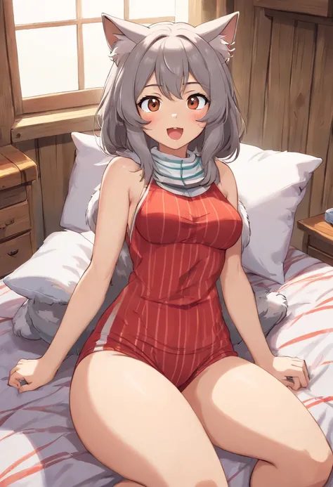 (anthro:1.2), one female, gray striped, cat, in bed, just woke up, sleepy blushing expression, yawning, Furry girl anthro, anthro, furry, girl, (large thighs), ((flat chest)), tight topwear red plaid, 1girl, domestic cat girl, (furry:1.5), body fur, shorts...