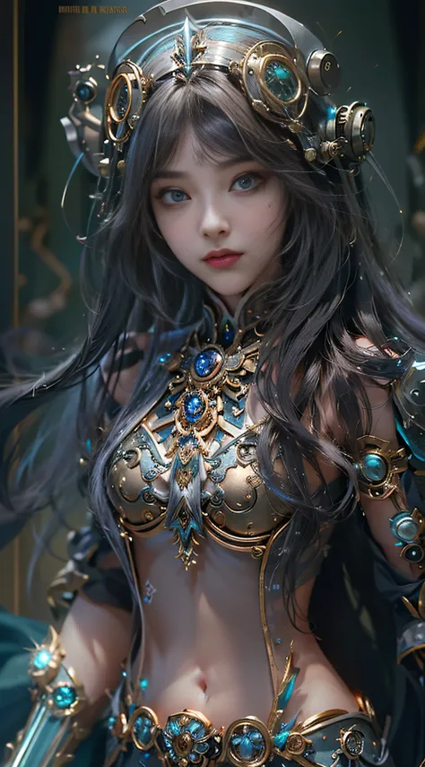 (((Masterpiece, top quality, super detailed))), (((One endless mage girl, 14 years old, radiating magic))), (((complex mechanical headgear, complex mechanical steampunk fashion and overdecorated gothic fashion and neon glitter cyberpunk fashion fusion of))...