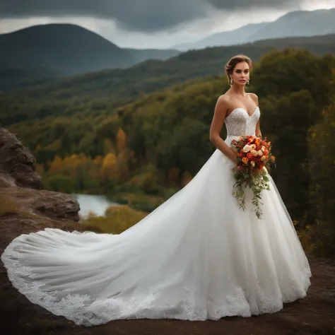 beautiful girl in a wedding dress, scenic landscape, fashion model