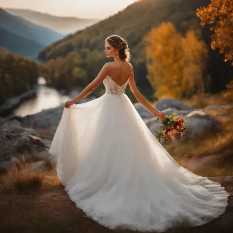 beautiful girl in a wedding dress, scenic landscape, fashion model