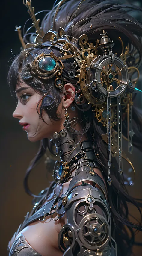 (((Masterpiece, top quality, super detailed))), (((One endless mage girl, 14 years old, radiating magic))), (((complex mechanical headgear, complex mechanical steampunk fashion and overdecorated gothic fashion and neon glitter cyberpunk fashion fusion of))...