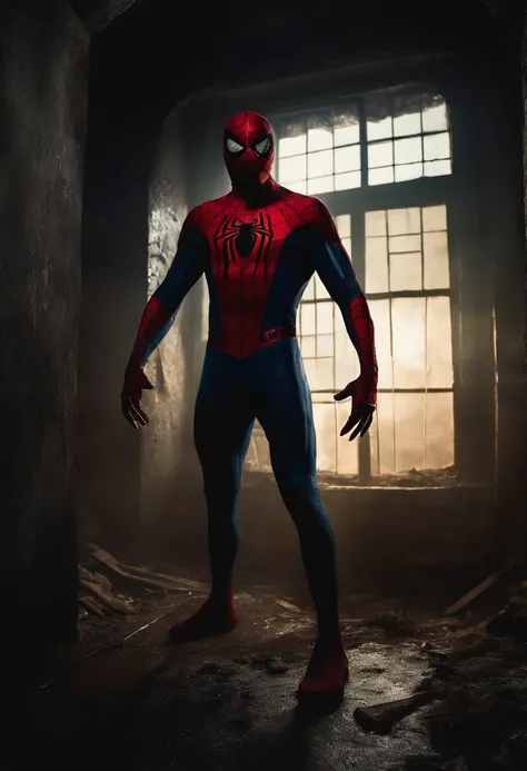 "Terrifying horror art of a full-bodied werewolf with sharp teeth mix spiderman , set in a dark ambient abandoned building. Standing in horrifying pose, nightmare fuel"