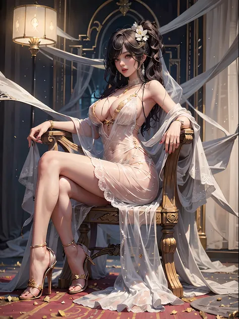 A photorealistic sexy and seductive Chinese woman，30 years old，large heavy breasts, (gloriously beautiful detailed face), Peach blossom eyes，Smoky makeup，Dark eyeshadow，Heavy makeup，white hair，Qi bangs long hair，(detailed face), jewelry，Bracelet，choker nec...