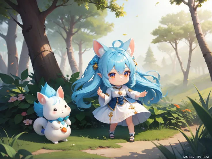 There are small white rabbits with carrots and long ears,  White long ears、Im with a long chibi character girl with blue hair。It is a cute white and blue costume。Dark eyes。cute forest creature, Cute mushrooms also grow、Adorable Digital Painting, cute detai...