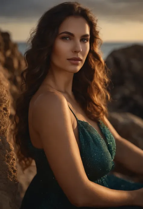 Nikon Z 85mm, photoreallistic, Photograph of a beautiful girl, wearing a colorful low-cut dress, (((very heavy bust))), wavy hair, Assis sur des rochers, next to the beach, Look into the camera, eyes symmetrical, symmetrical face, photoreallistic, photogra...