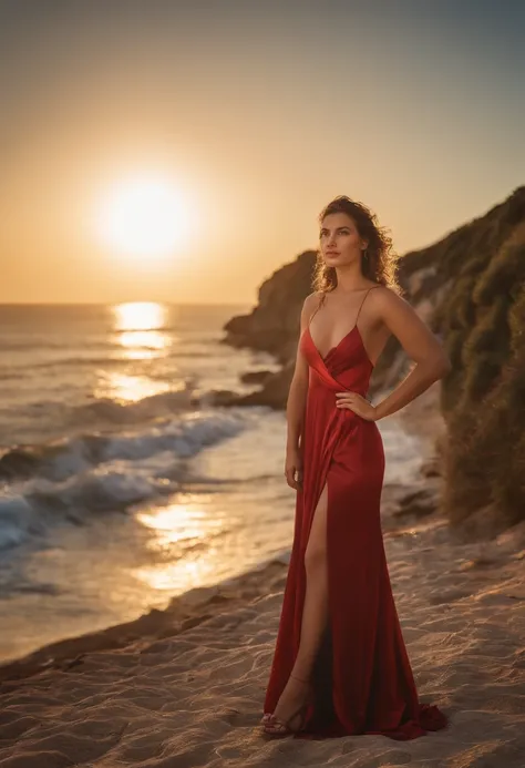 Nikon Z 85mm, photoreallistic, Photograph of a beautiful girl, wearing a colorful low-cut dress, (((very heavy bust))), wavy hair, Assis sur des rochers, next to the beach, Look into the camera, eyes symmetrical, symmetrical face, photoreallistic, photogra...