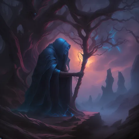 The ancient elder god stood motionless, gazing out into the distance with an expression of bored indifference. He was clad in a black hooded gown that draped over his skeletal frame. Bony fingers clutched a gnarled wooden staff resembling an ancient tree t...