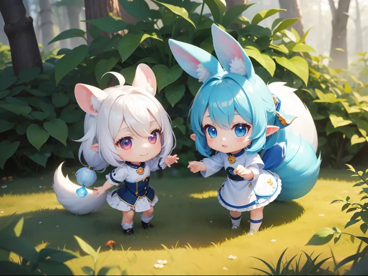 There are small white rabbits with carrots and long ears,  White long ears、Im with a long chibi character girl with blue hair。It is a cute white and blue costume。Dark eyes。cute forest creature, Cute mushrooms also grow、Adorable Digital Painting, cute detai...