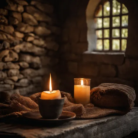 parede de tijolos rusticaA hut, stone walls, thatched roof, interior, medieval, a lighted candle, a woolen blanket as a temporary door, cinematic, real photo