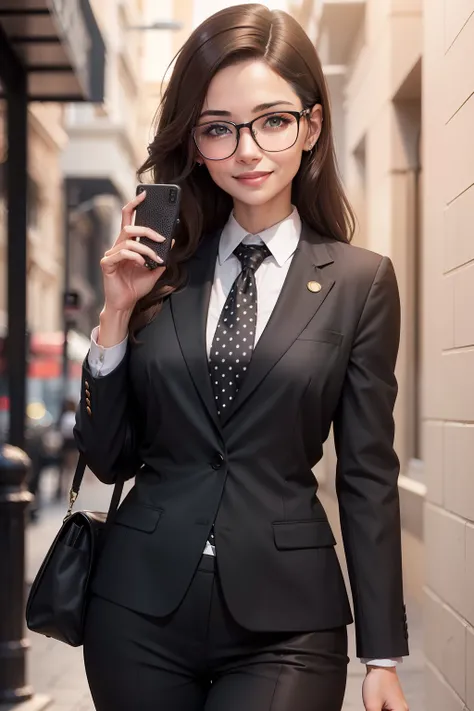 Woman lawyer smiling, brown hair over her shoulder, light brown skin, wearing round black glasses, polka dot type, in a black suit and yellow tie and black pants, talking on her cell phone, high resolution photo