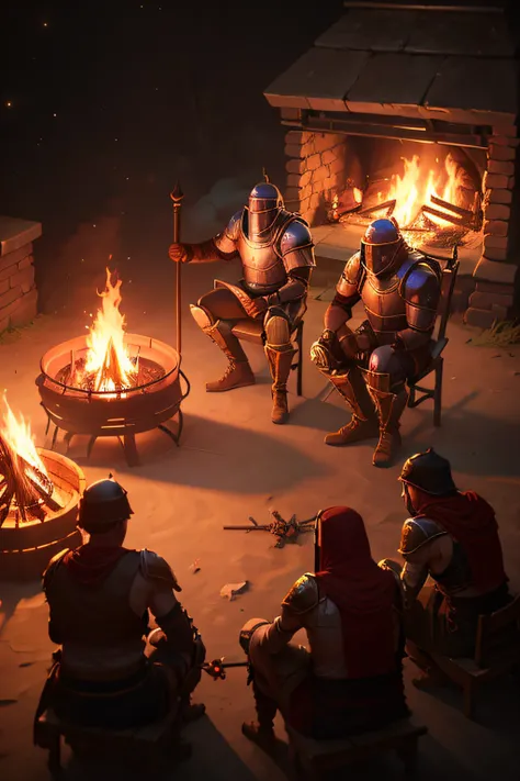 Eate an image with four Crusader soldiers gathered around a campfire at night, fixado em uma perna assando em um espeto acima das chamas."