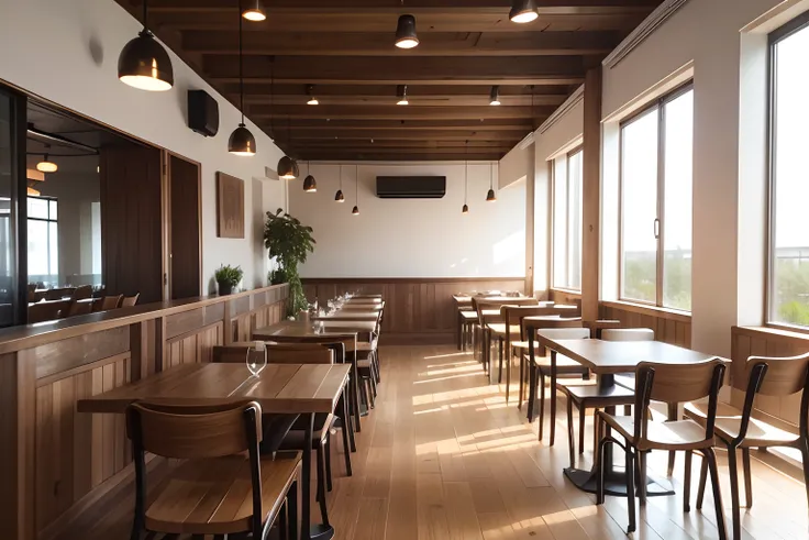 restaurant, simple design, wide image, tables and chairs, cozy atmosphere, natural lighting, rustic wooden furniture, minimalist decor, neutral color palette, open space, clean lines, large windows, indoor plants, peaceful ambiance, empty dining area, invi...