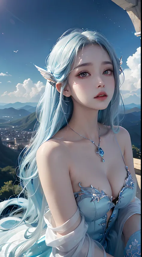 ((nood)), ((tmasterpiece)), (A detailed), seductive succubus, ethereal beauty, Perching on the clouds, (fantasy illustrations:1.3), Light blue long hair、a captivating gaze, enchanting posture, Delicate wings, Otherworldly charm, mystical sky, (by Luis Royo...