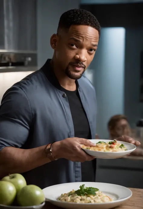 Imagina a Will Smith como el Hombre de Negro, with his iconic black suit (saco y corbata negro) y gafas de sol, parado en medio de una cocina extraterrestre futurista. The kitchen is full of alien devices and utensils, con luces parpadeantes y superficies ...