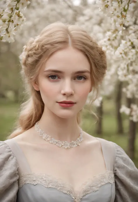 A young Victorian girl, of delicate features, em torno de 23 anos, muito bonita, the hair is very blonde the color of wheat, wears a grey Victorian dress and closed around her neck. Esbelta.  Shes in an orchard of blossoming apple trees., in the nighttime.