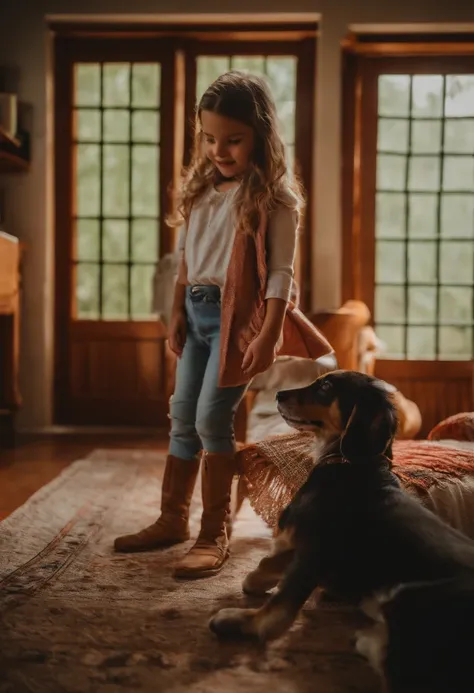 Uma menina pequena loira chamada Maria brincando com seu cachorrinho Regino em casa.