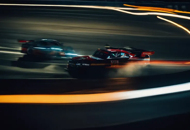 aerial view,fast cars,racing,night time,headlights,high speed,adrenaline rush,roaring engines,tire screeching,blurred motion,long straightaways,hairpin turns,challenging track,dark skies,neon lights,thrilling competition,victory celebration,strong contrast...