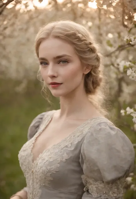 Uma jovem vitoriana, of delicate characteristics, em torno de 23 anos, muito bonita, the hair is very blonde the color of wheat, wears a gray Victorian dress and closed around her neck. Delgado. Shes in an orchard of apple trees in bloom, in the nighttime.