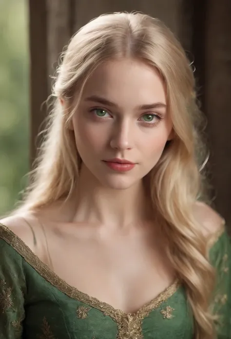 Fair complexion, woman around 24 years old, natural blonde hair, distinctive green eyes, , slender and graceful, beautiful, candlelight in a medieval setting, ultra sharp focus, realistic shot, naked, tetradic colors (scar:1.4)