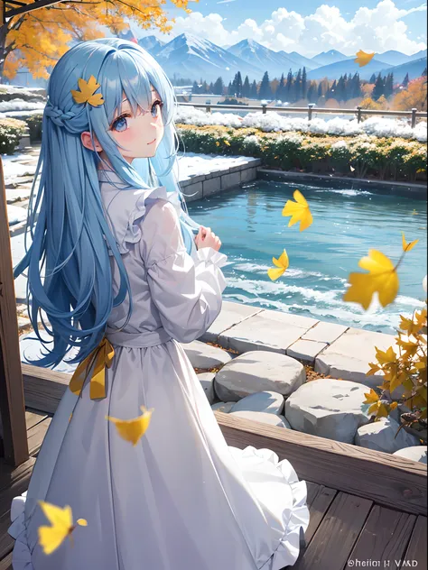 Pretty girl、Light blue long hair、Dark eyes that make you laugh、White and yellow dresses、autumnal、Pasture、Red maple tree、Yellow ginkgo tree、Clear lake、Large clouds、blue open sky、Autumn weather、Photo of falling leaves fluttering、HD Detail、wet watermarks、Hype...