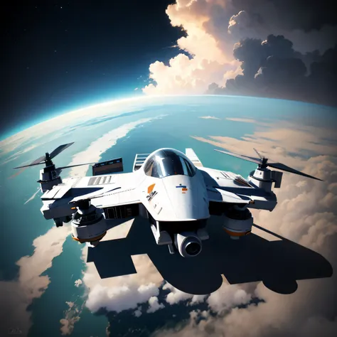 There is a small plane flying above the clouds in the sky, Small retro ship in the sky, flying scifi vehicle, Nave espacial futurista, Science fiction spaceships, turismo espacial, Nave espacial en el cielo, Lower angle, Nave espacial futurista, La nave es...