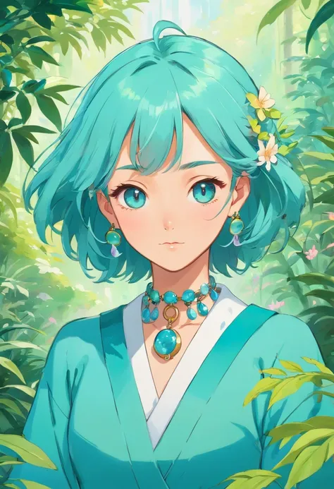 a girl wearing an anime collar, a long necklace and earrings, in the style of tranquil gardenscapes, colorful animation stills, masami teraoka, aquamarine, paul gauguin, Embry style, honest portrayal