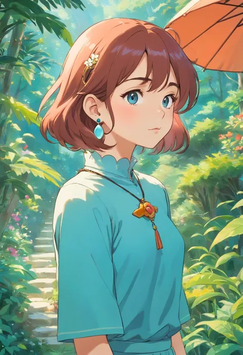 a girl wearing an anime collar, a long necklace and earrings, in the style of tranquil gardenscapes, colorful animation stills, masami teraoka, aquamarine, paul gauguin, Embry style, honest portrayal