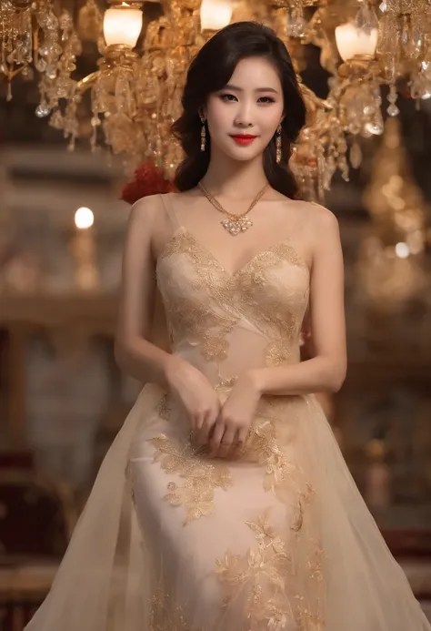 A photorealistic sexy and seductive Chinese woman，30 years old，large heavy breasts, (gloriously beautiful detailed face), Peach blossom eyes，Smoky makeup，Dark eyeshadow，Heavy makeup，white hair，Qi bangs long hair，(detailed face), jewelry，Bracelet，choker nec...