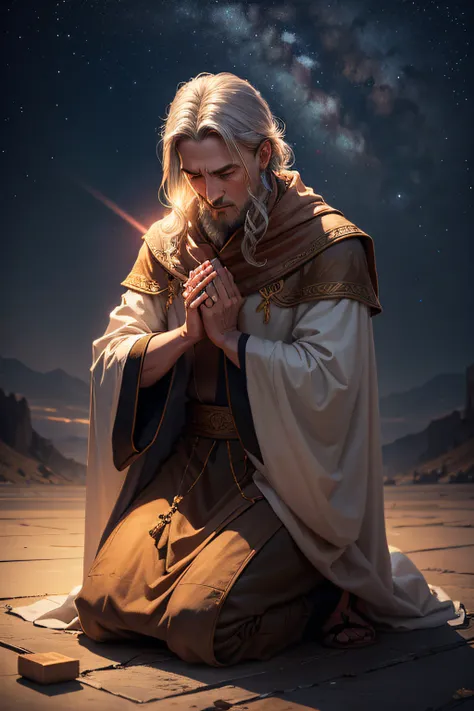 prophet Job kneeling praying to God, in the background image of the illuminated sky