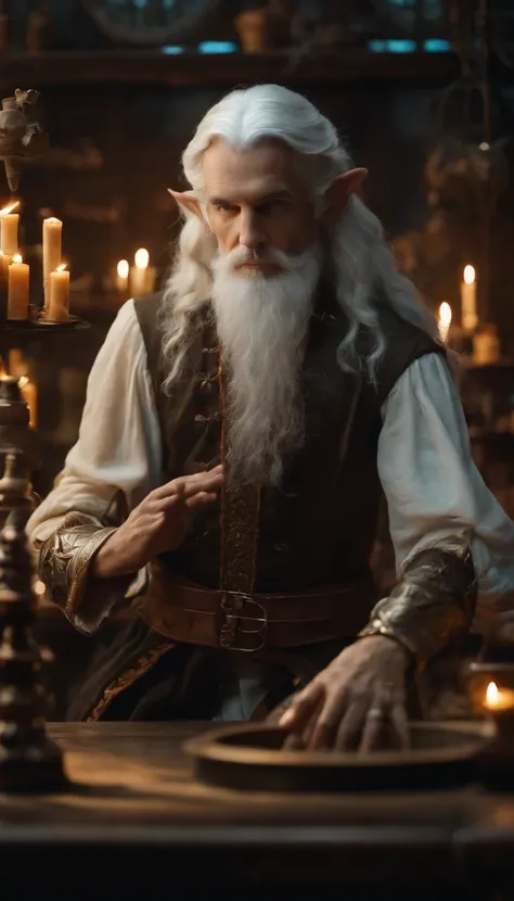 Figure of an extremely detailed white-haired elf man in an alchemy lab, de frente a um espelho, observando o seu reflexo