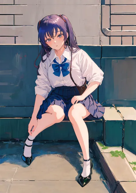 Anime girl in skirt and high heels sitting on the wall, the anime girl is crouching, Realistic Schoolgirl, a hyperrealistic schoolgirl, Ecchi anime style, a hyperrealistic schoolgirl, Ecchi style, Rei Hiroe, beautiful anime girl squatting, Ecchi, of a scho...