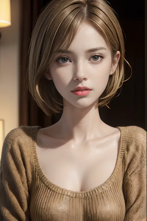 (masterpiece:1.3), (8k, photorealistic, RAW photo, best quality: 1.4), (1girl), beautiful face, (realistic face), (blonde brown hair, short hair:1.3), beautiful hairstyle, realistic eyes, beautiful detailed eyes, (realistic skin), beautiful skin, (sweater)...