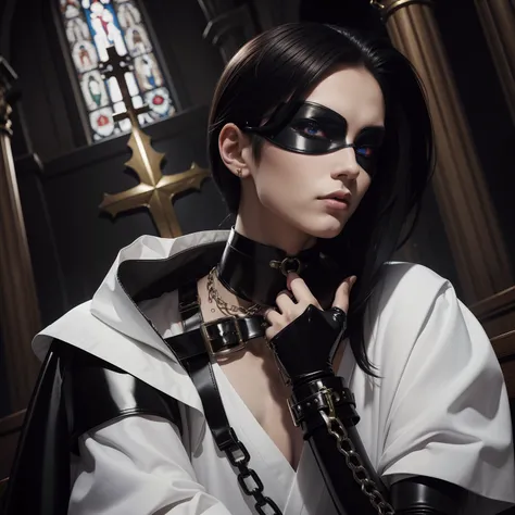 God holy blasphemous androgynous half male  prophet selfie portrait in church collar choker one eye patch, sockings , latex clothes chained, long gloves, silk sockings, makeup, monk kissing