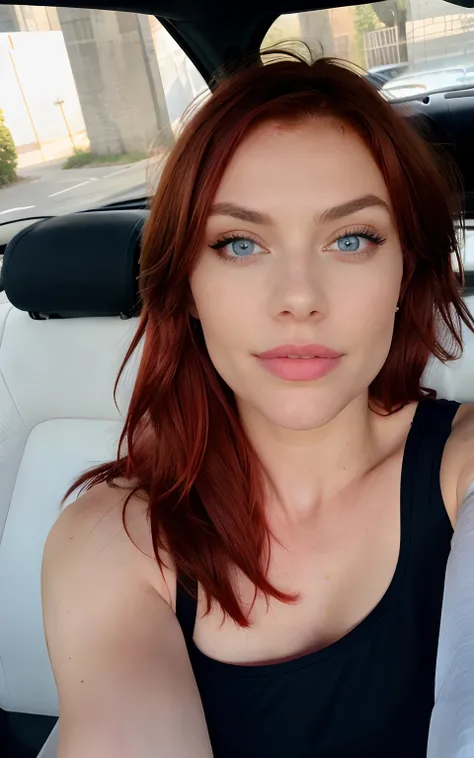 1 woman in the car ((upper body selfie, happy)), masterpiece, best quality, ultra-detailed, red hair, blue eyes, white skin