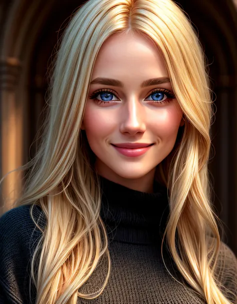 Masterpiece, absurdres,HDR ,highly detailed eyes and face,smiling, beautiful nod_woman, a woman with long blonde hair and a black sweater ,perfect nod_body,perfect nod_face,