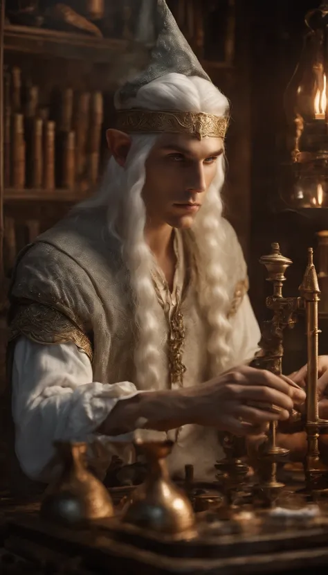 Figure of an extremely detailed young elf man with white hair in an alchemy laboratory, de frente de um espelho, observando o seu reflexo