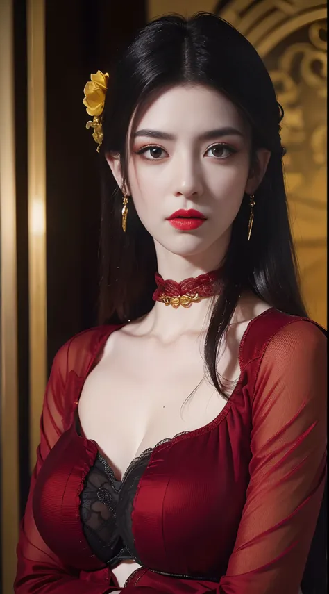 1 very beautiful queen medusa dressed in hanfu, thin red silk shirt，with many yellow patterns, black lace top, long hair dyed bl...