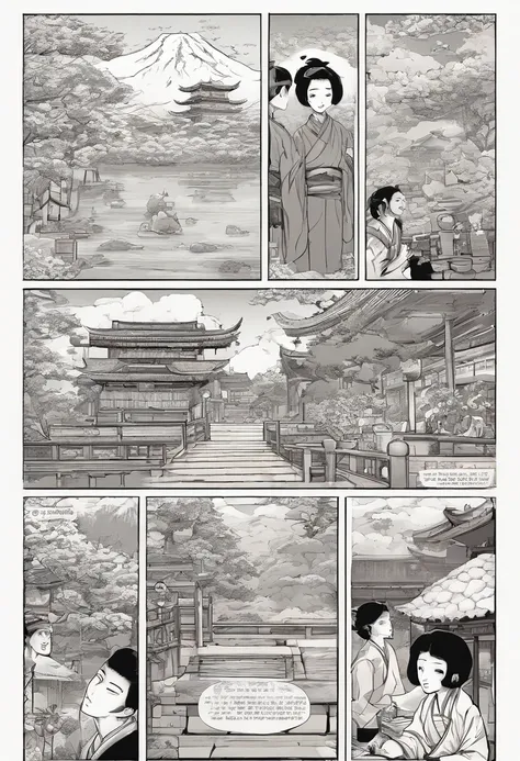 Quadrinhos japoneses, The comic is presented in several irregular black and white panels. Japanese boy meets with friends on Japanese New Year. The style is exaggerated and detailed