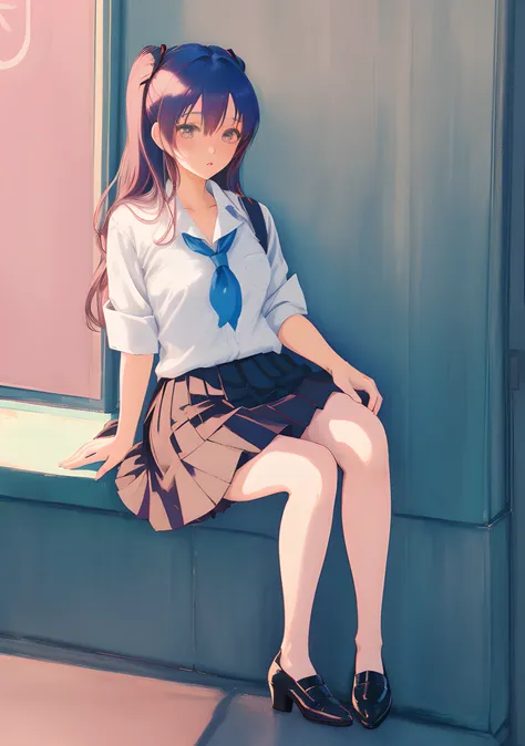 anime girl in skirt and high heels sitting on the wall, the anime girl is crouching, realistic schoolgirl, a hyperrealistic scho...