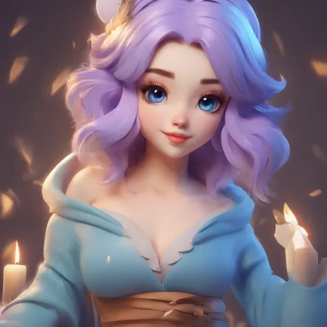 cute, chibi, big breasts, purple sweater, snow white skin, cerulian blue hair, blue eyes, angel wings, fluffy blue tail, lavander upside down triangle marking on forehead