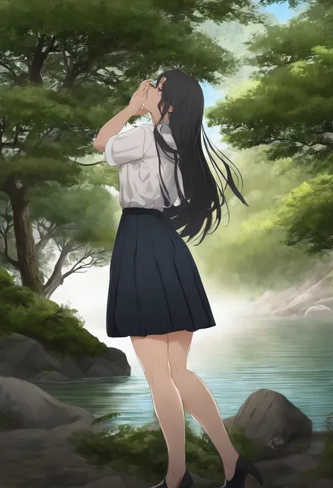 (best quality:1.33), (masterpiece:1.42), (realistic:1.24), (detailed:1.15), Woman with long black hair standing in front of the body of water, an anime drawing, Direction: Jin Homura, 44, Seifuku, by the sea, surprised expression, High resolution, real, in...