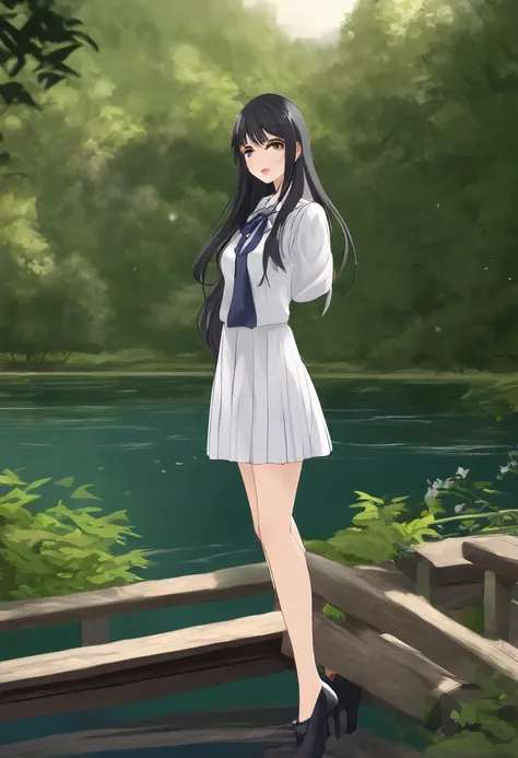 (best quality:1.33), (masterpiece:1.42), (realistic:1.24), (detailed:1.15), Woman with long black hair standing in front of the body of water, an anime drawing, Direction: Jin Homura, 44, Seifuku, by the sea, surprised expression, High resolution, real, in...