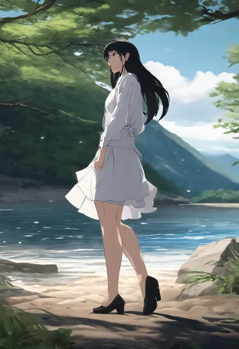 (best quality:1.33), (masterpiece:1.42), (realistic:1.24), (detailed:1.15), Woman with long black hair standing in front of the body of water, an anime drawing, Direction: Jin Homura, 44, Seifuku, by the sea, surprised expression, High resolution, real, in...