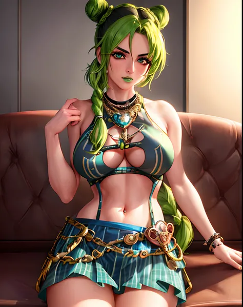 1girl, cowboy shot of beautiful (kujo_jolyne) sitting on couch, teasing, blush, parted lips, hair buns, braided_ponytail, green_lips, makeup, green_hair, two-tone_hair, medium breasts, realistic, best quality, masterpiece, film grain, (lens distortion:0.7)...
